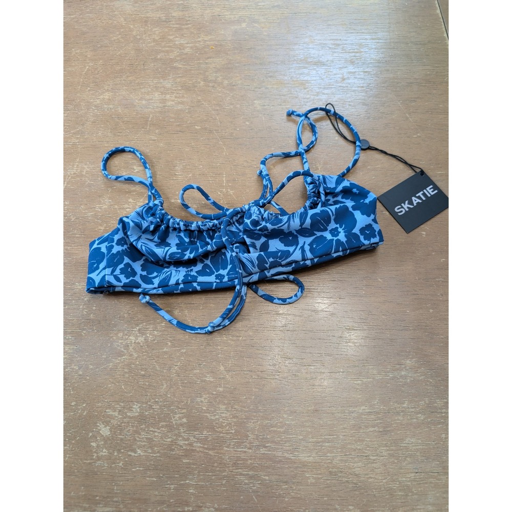 SKATIE Blue Floral Tie Front Bikini Top Small NWT Made in LA Sustainable